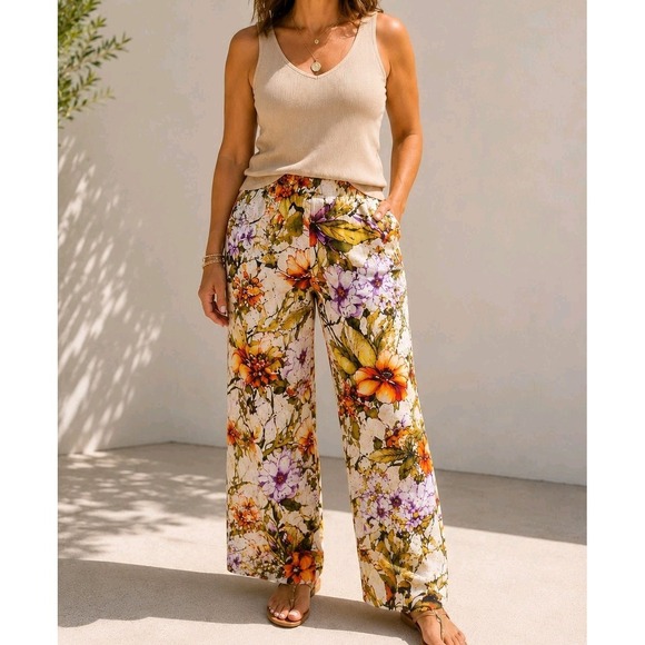 Chico's Pants - Chico's Linen Floral Pants Women's Size 16 XL Boho Tropical Pull On Wide Leg